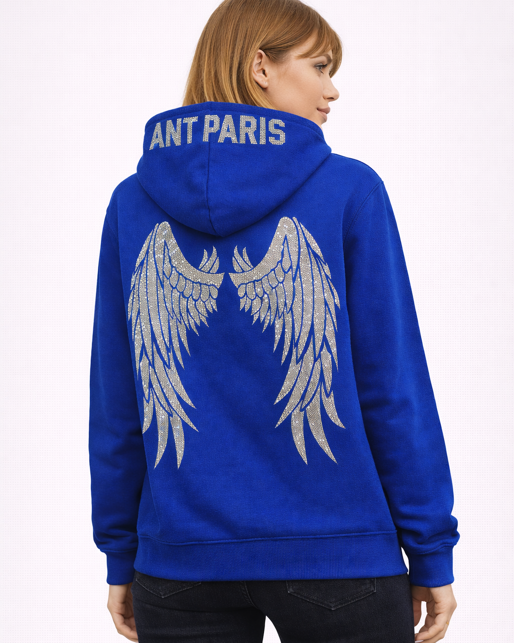 Sweat à capuche bleu ATNT Paris avec strass, motif ailes en cristaux dans le dos