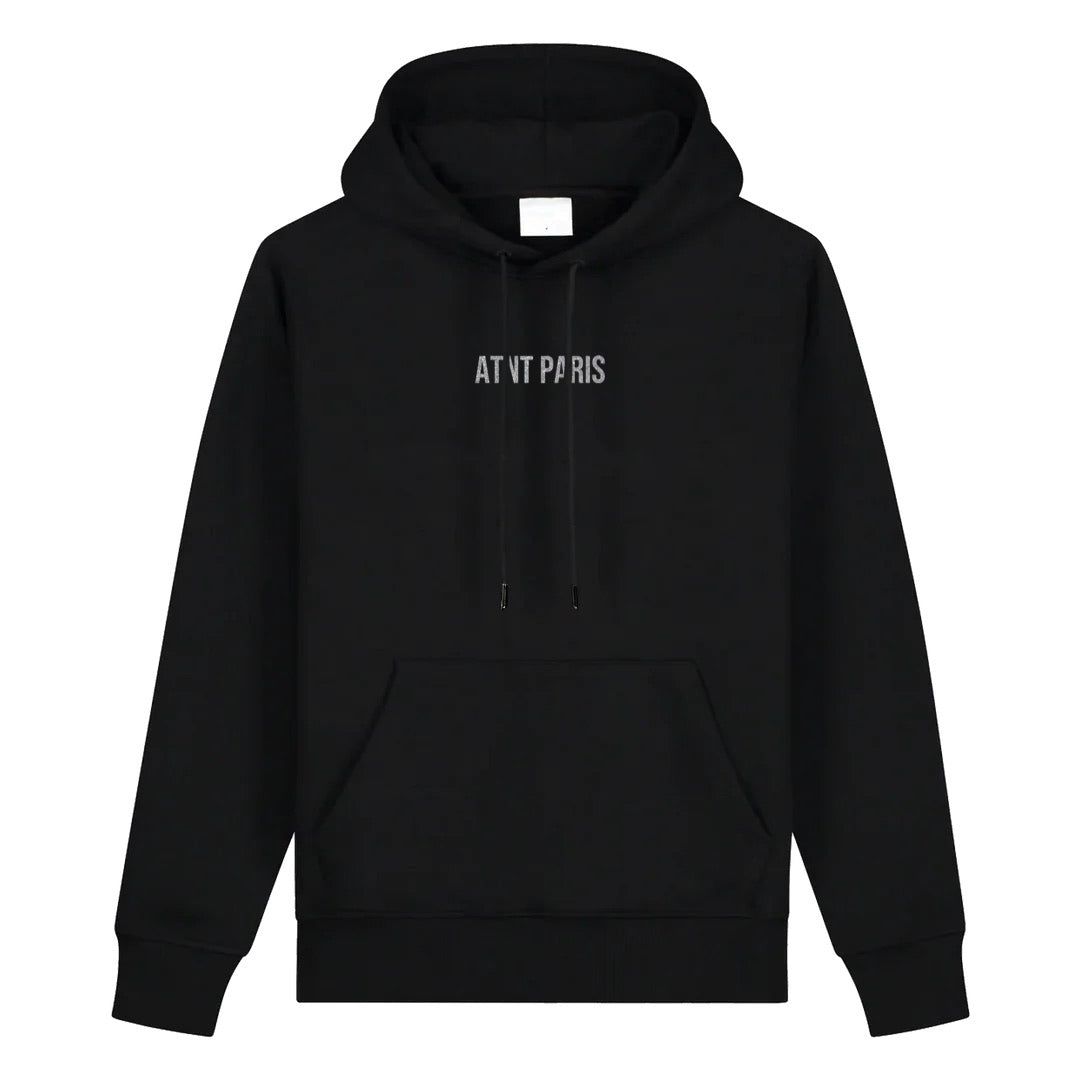Sweat à capuche noir ATNT Paris, vue de face, inscription ATNT PARIS en strass sur la poitrine