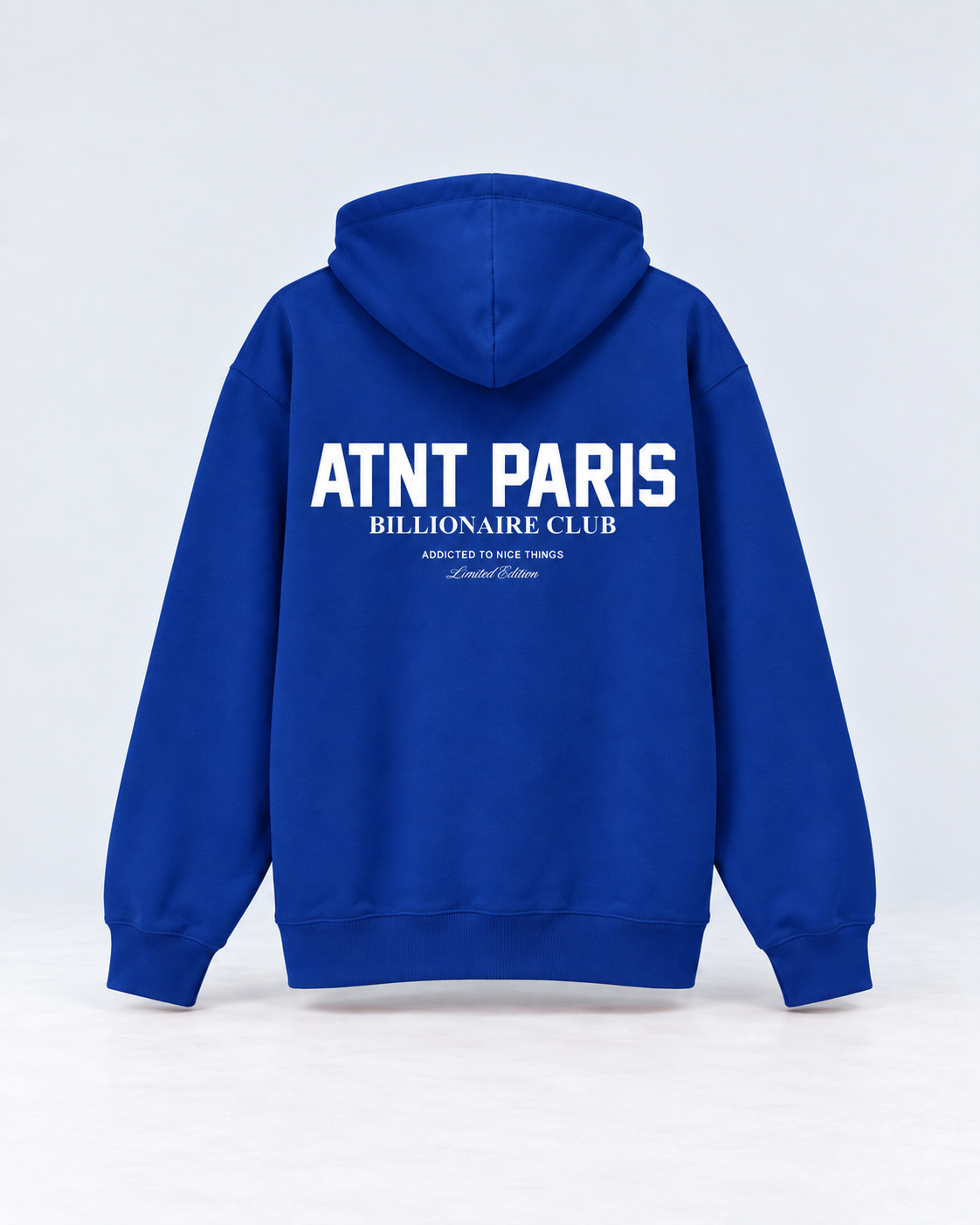 Sweat Billionaire Club bleu ATNT PARIS — mockup-dos, studio gris clair