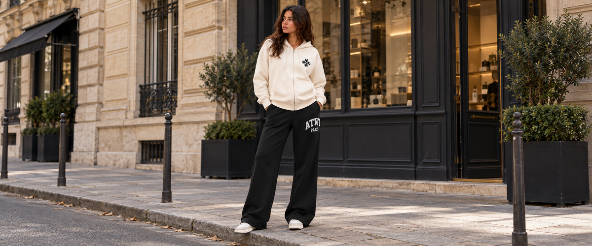 Gilet Zippé Signature Off White avec jogging wide leg noir — tenue à Paris