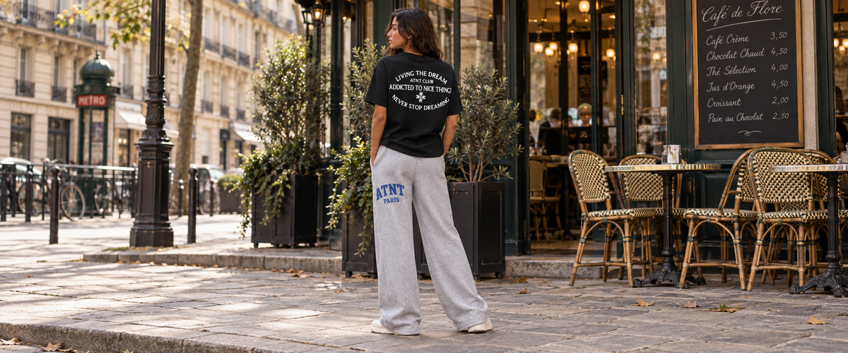 T-Shirt Classique Noir – Never Stop Dreaming avec jogging wide leg Heather Grey — tenue à Paris