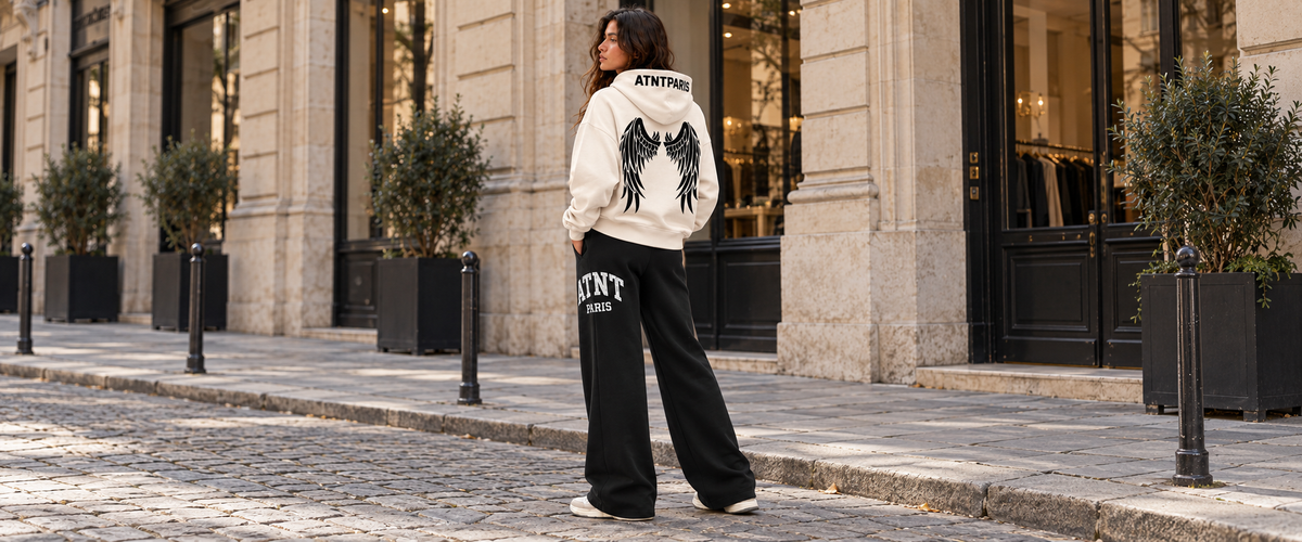 Sweat Capuche Off White Dark Angel avec jogging wide leg noir — tenue à Paris