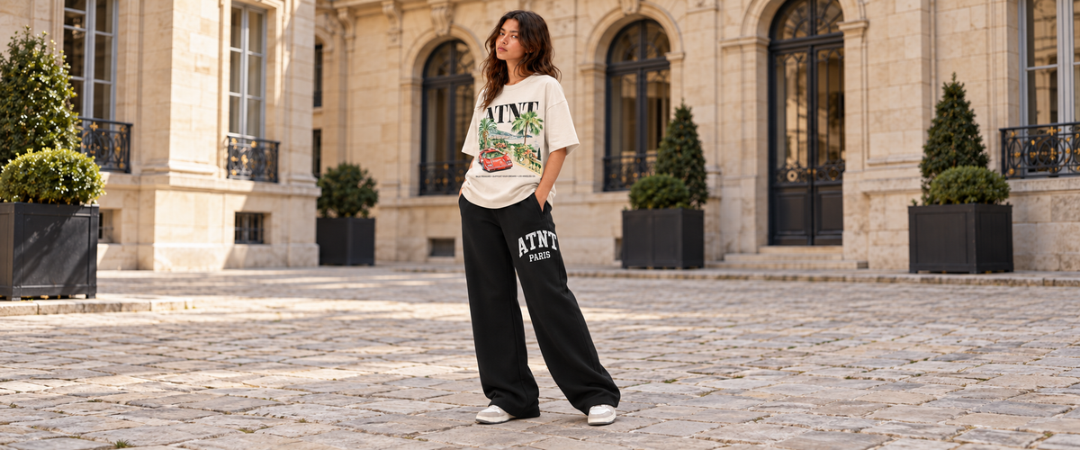 Tee shirt oversize ample support your dream avec jogging femme wide leg used noir — tenue à Paris