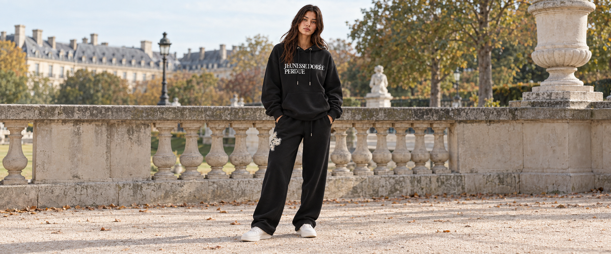 Sweat à Capuche Noir « Jeunesse Dorée Perdue » – ATNT Paris — tenue portée à Paris