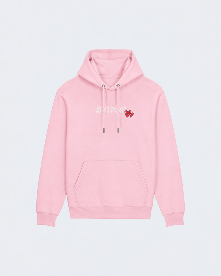 Sweat Capuche Rose Clair Love heart Strass
