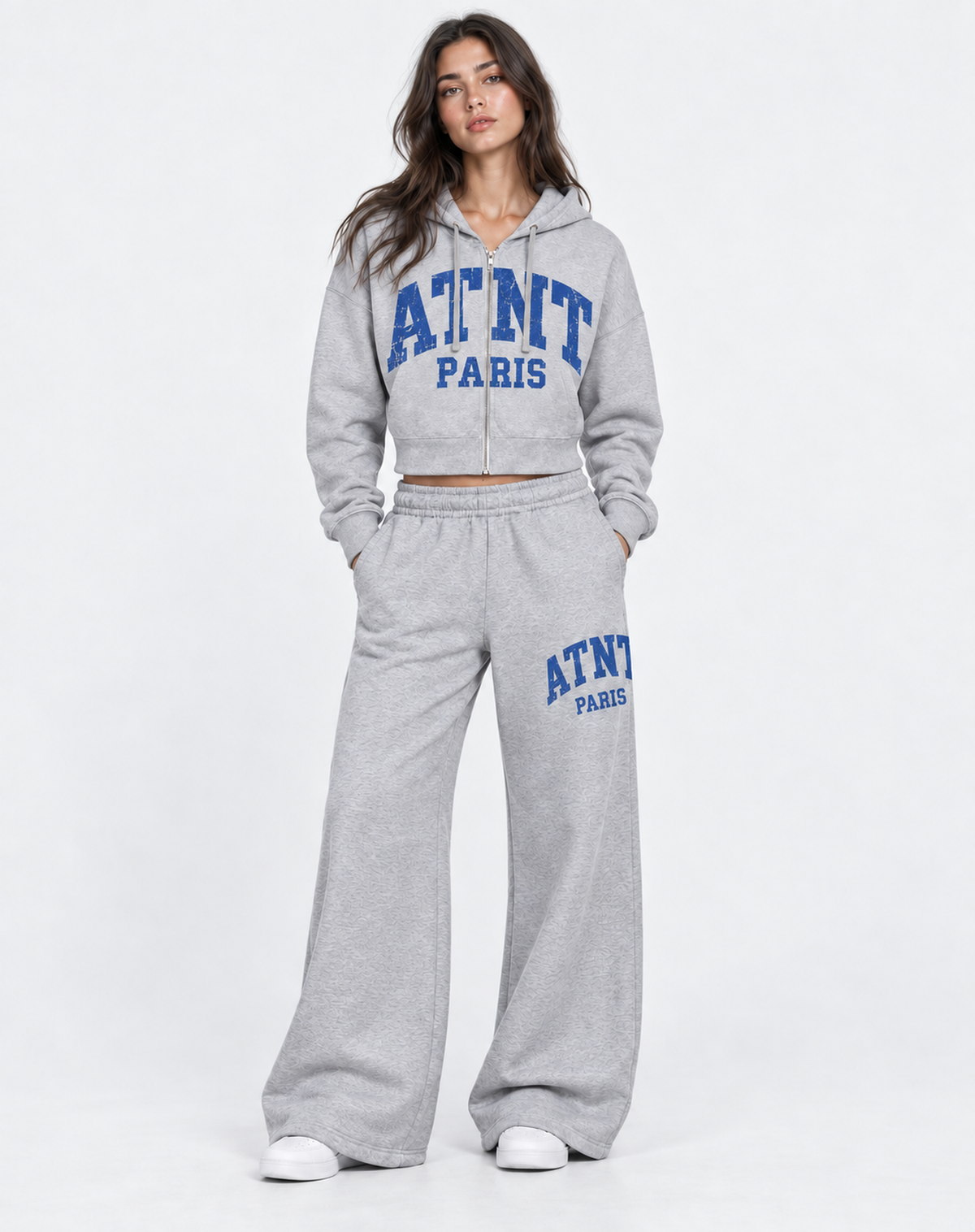 Ensemble sweat crop zippé et jogging femme wide leg Heather Grey ATNT PARIS, porté de face