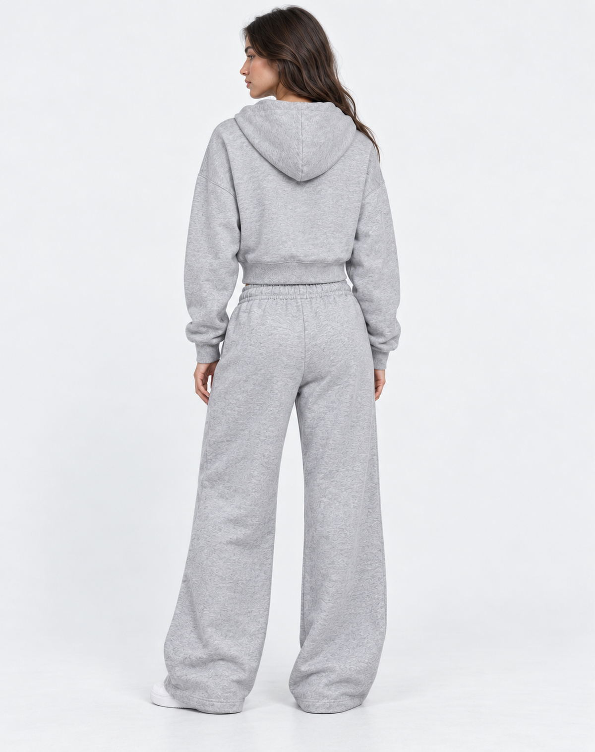 Sweat crop zippé et jogging femme Heather Grey ATNT PARIS, vue de dos, tête de profil
