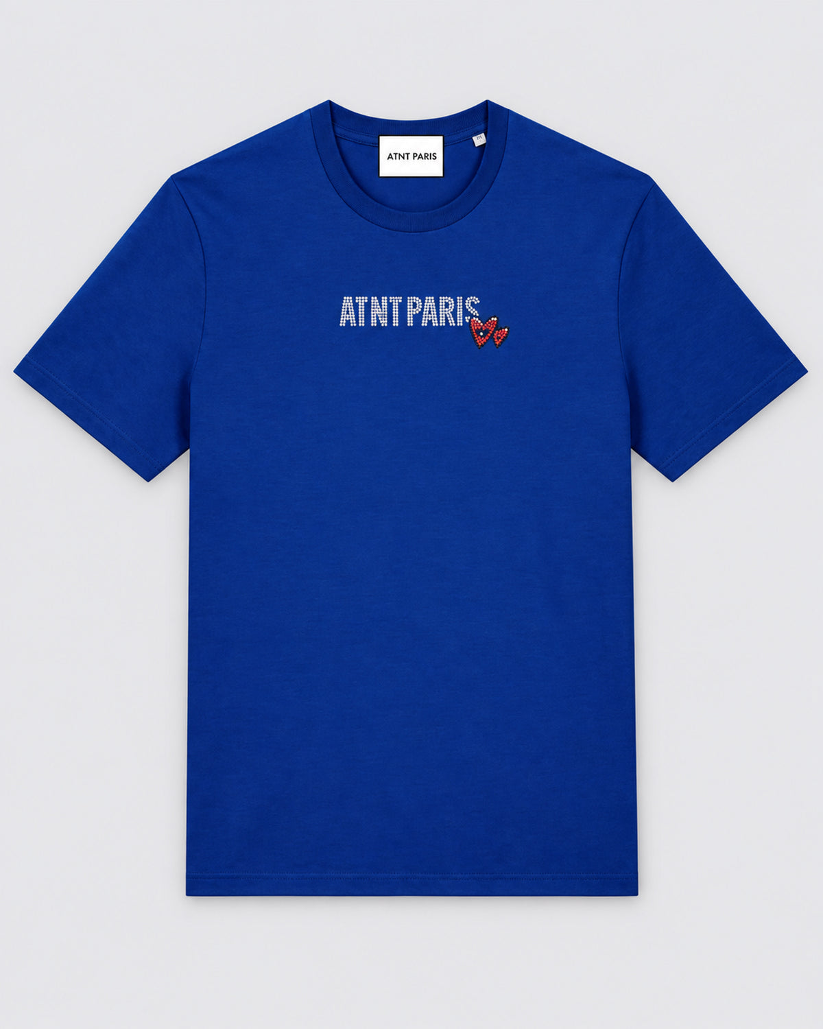 T-shirt Love Heart Strass bleu roi ATNT PARIS — à plat, face — studio gris clair