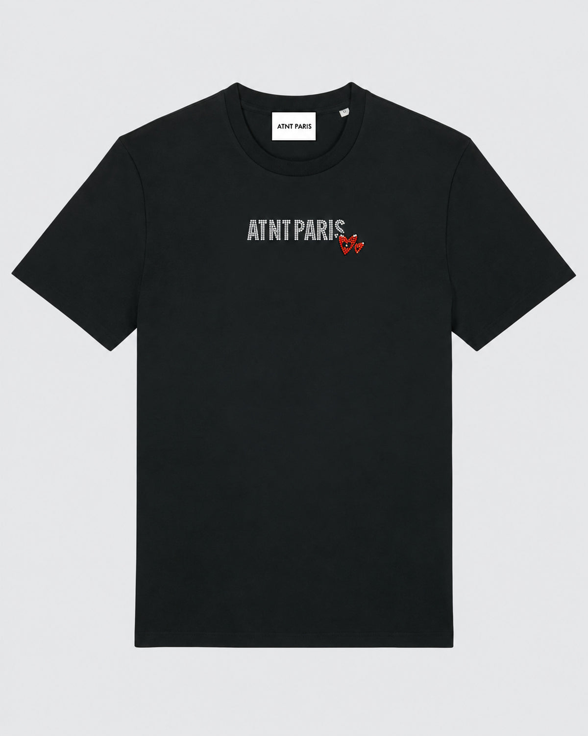 T-shirt Love Heart Strass noir ATNT PARIS — à plat, face — studio gris clair