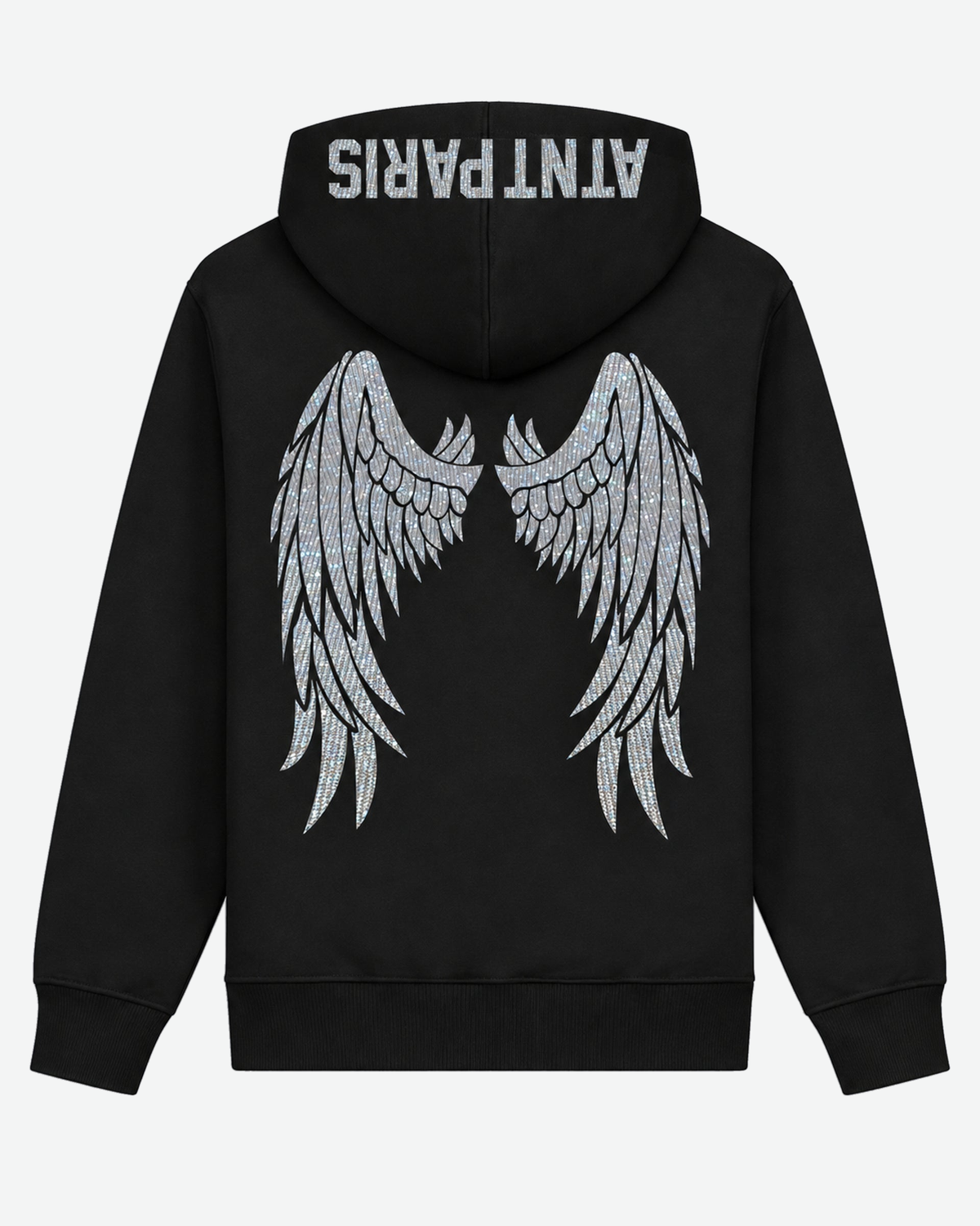 Sweat à Capuche Noir Dark Angel Strass — vue de dos, fond gris clair #F3F4F4