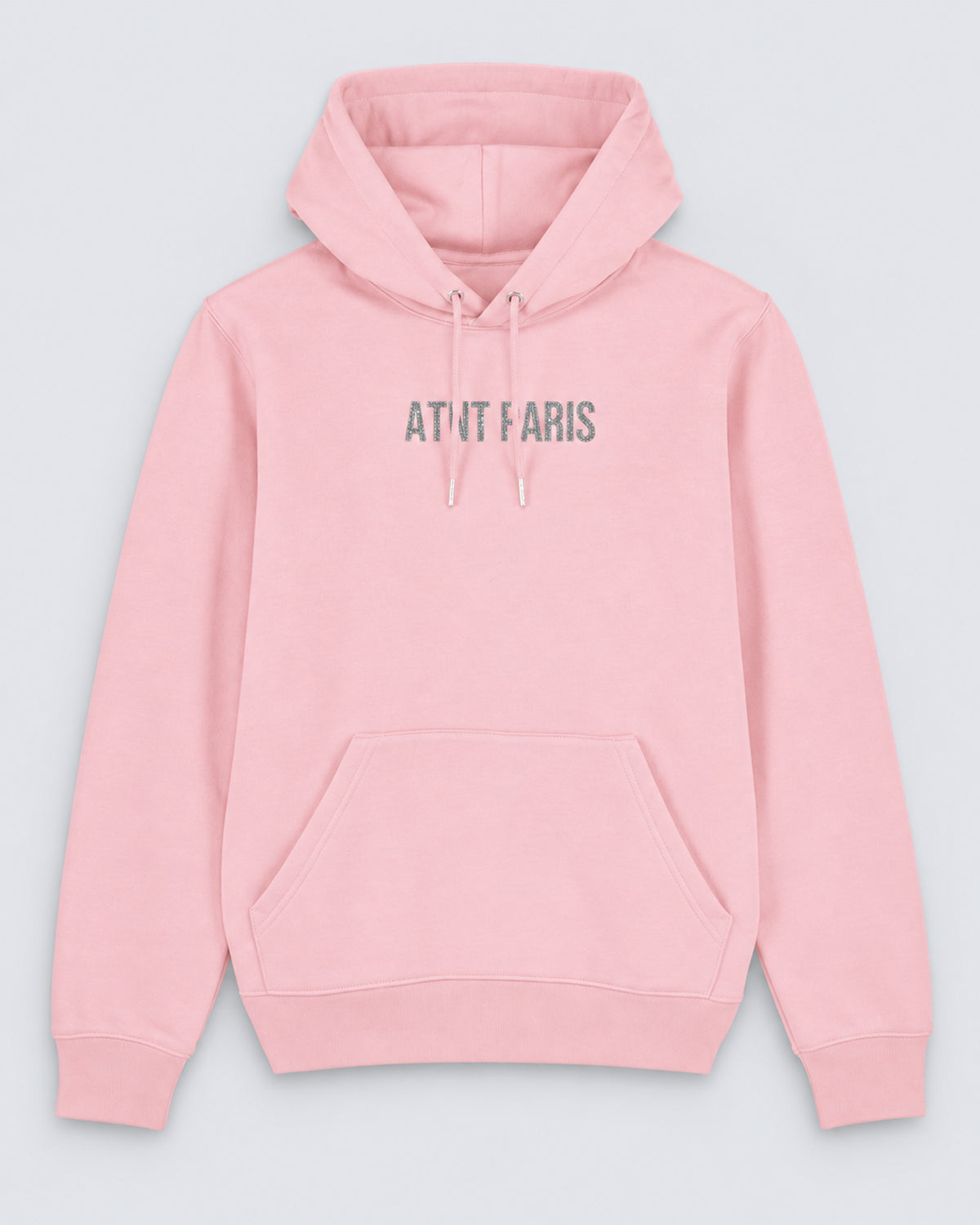 Sweat à Capuche Rose Clair Dark Angel Strass – ATNT Paris — Pack studio naturel, studio gris clair, vue à plat de face.
