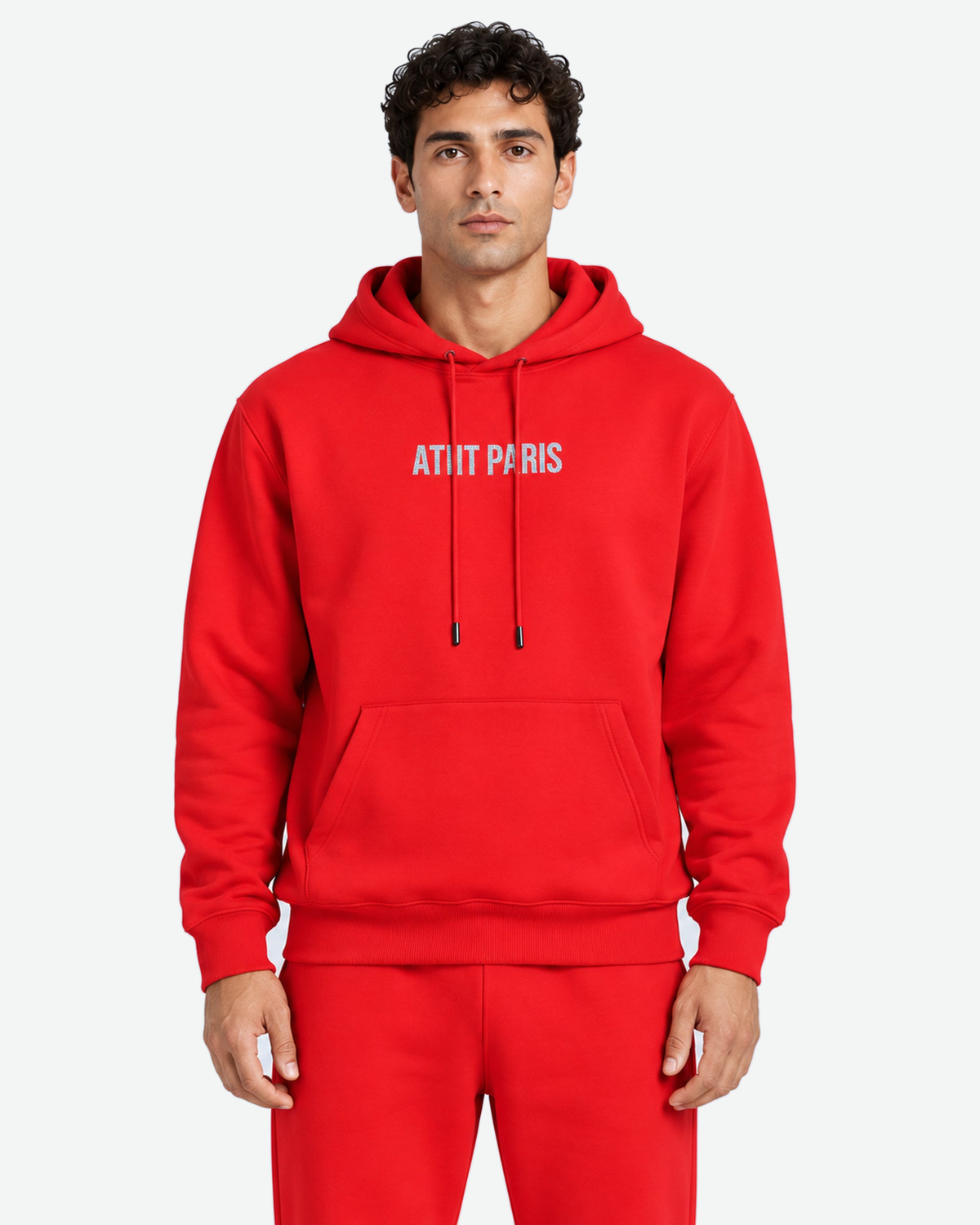 Sweat à Capuche Rouge Dark Angel Strass – ATNT Paris — Pack studio naturel, fond #F3F4F4, vue portée rapprochée de face. — 1920 × 2400 px