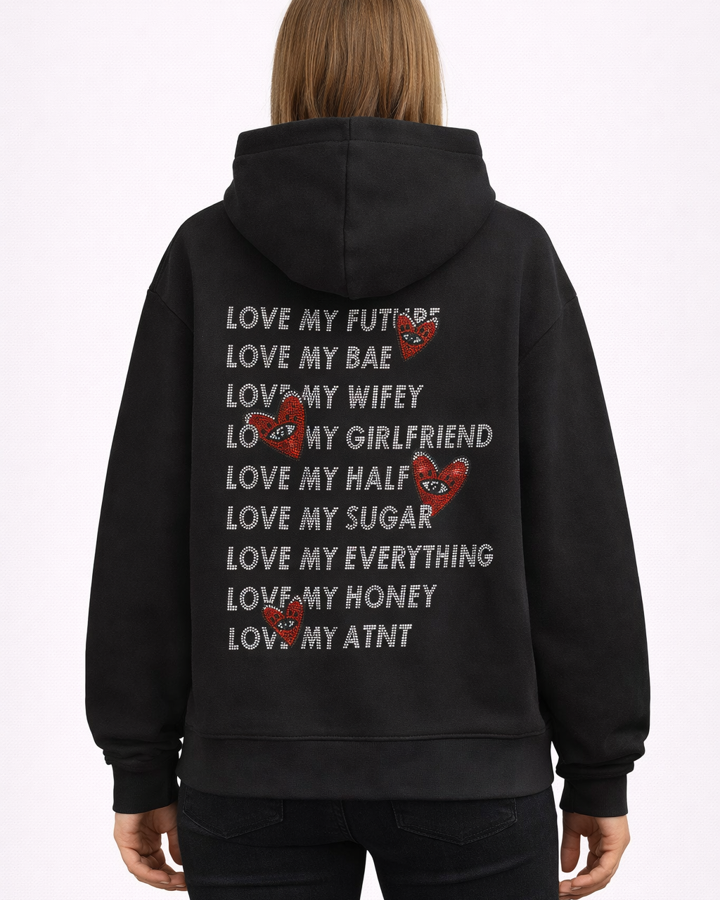 Sweat à capuche noir femme ATNT Paris, vue de dos à plat, texte « Love My » en strass avec cœurs rouges, style streetwear luxe