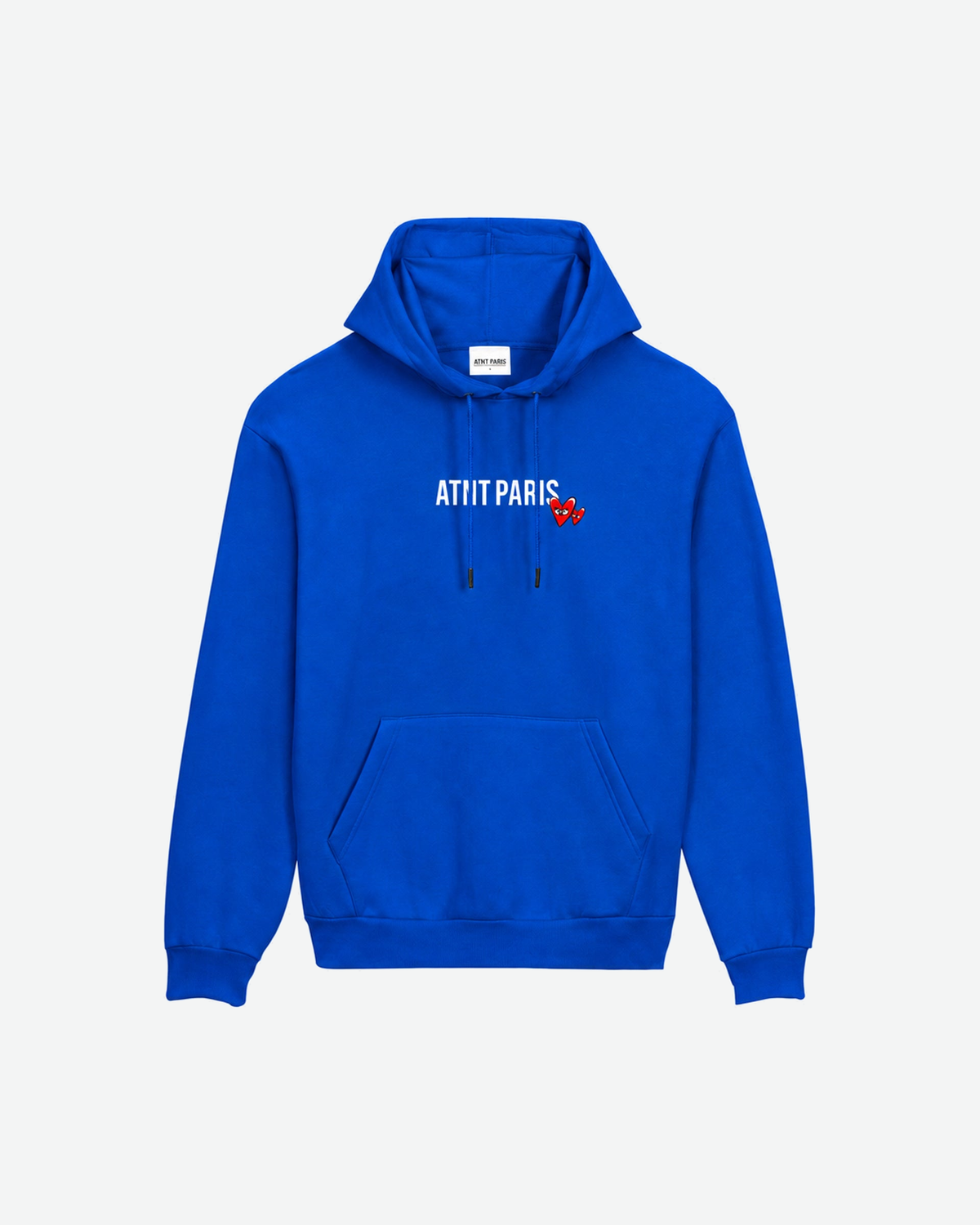 Sweat Capuche Bleu roi Love Heart — vue de face, fond gris clair #F3F4F4
