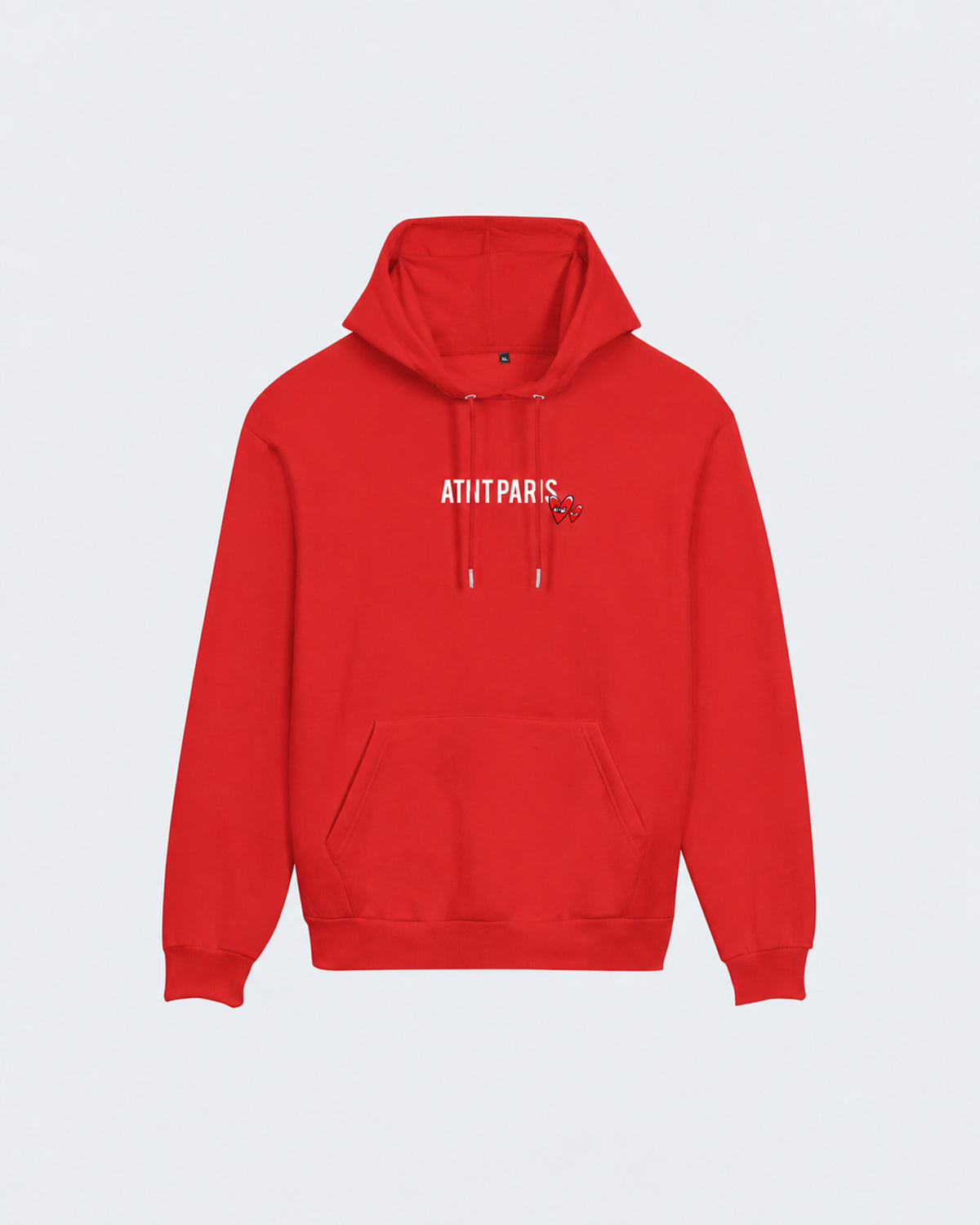 Sweat Capuche Rouge Love Heart ATNT PARIS — Pack studio naturel — mockup à plat, vue de face — fond gris clair