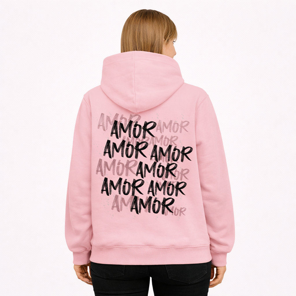 Sweat à capuche rose clair amor ATNT PARIS, porté, vue de dos.