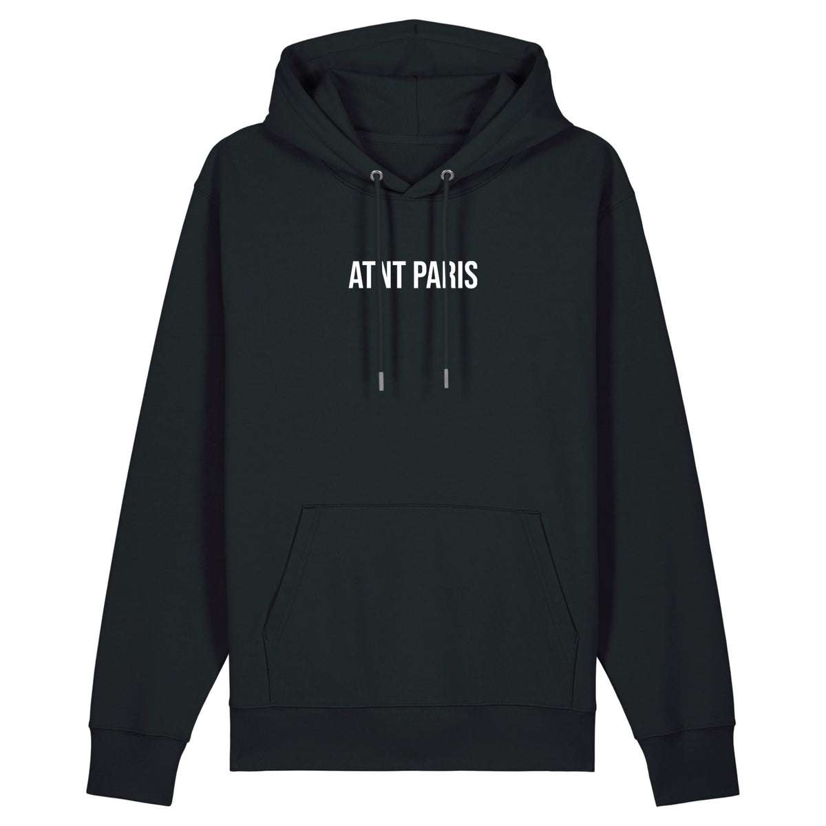 Sweat à capuche unisexe love noir ATNT PARIS, vue de face.