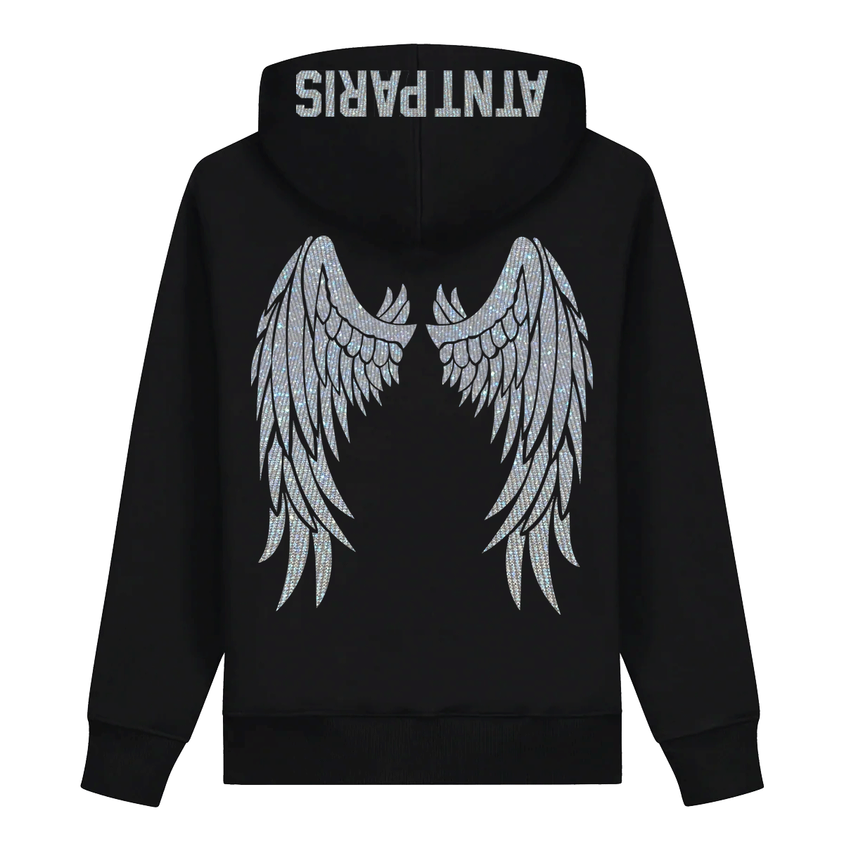 Sweat à capuche noir Dark Angel Strass ATNT PARIS, vue de dos, avec ailes en strass.