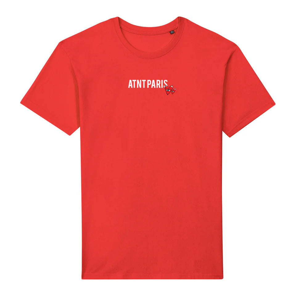 T-shirt unisexe rouge Love Heart ATNT PARIS, vue de face avec logo et cœur sur la poitrine.