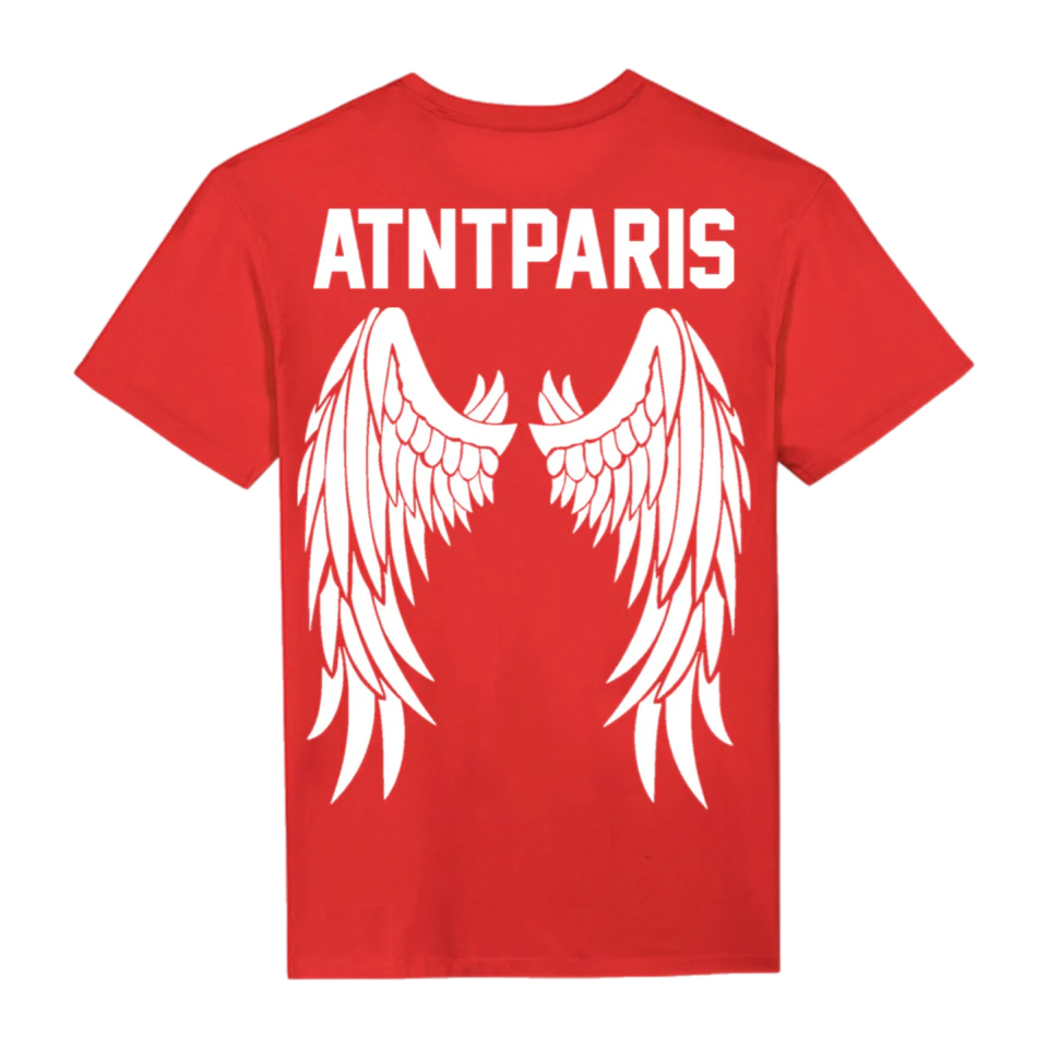 T-shirt unisexe Dark Angel rouge ATNT PARIS, vue de dos.