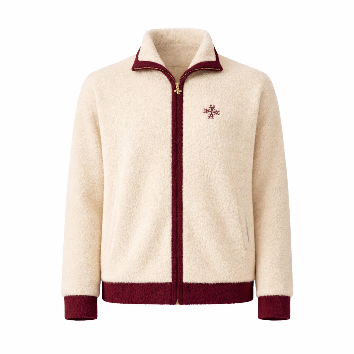 Veste signature sherpa zippée crème & bordeaux ATNT PARIS, vue de face.