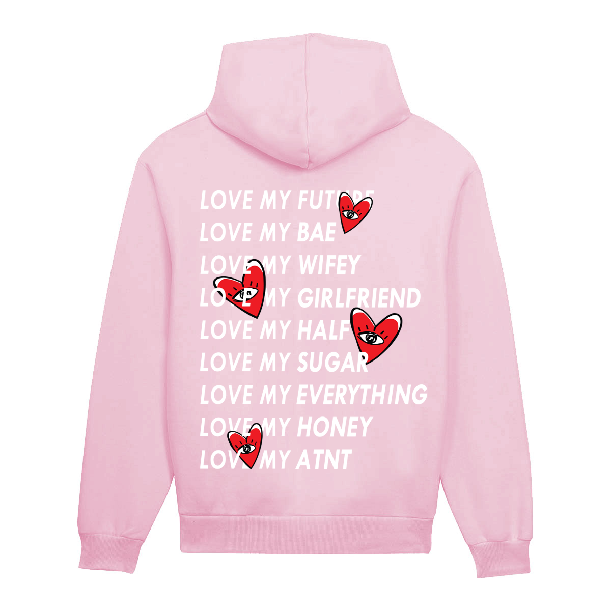 Sweat à capuche rose clair Love Heart ATNT PARIS, vue de dos avec inscriptions et motifs de cœurs.
