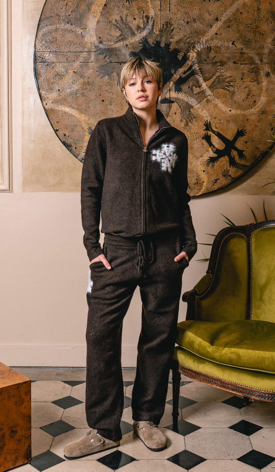 Ensemble jogging streetwear marron coordonné (sweat zippé et jogging), collection ATNT Paris