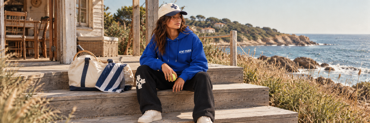 Collection Billionaire ATNT Paris, sweat bleu dans une ambiance sport et vacances