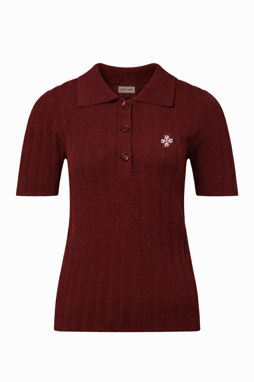 Polo bordeaux ATNT Signature en maille côtelée avec col polo boutonné – vêtement designer ATNT Paris.