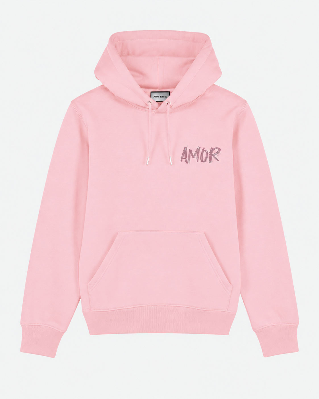 Sweat Capuche Rose Clair Amor ATNT PARIS — vue de face sur fond gris clair.