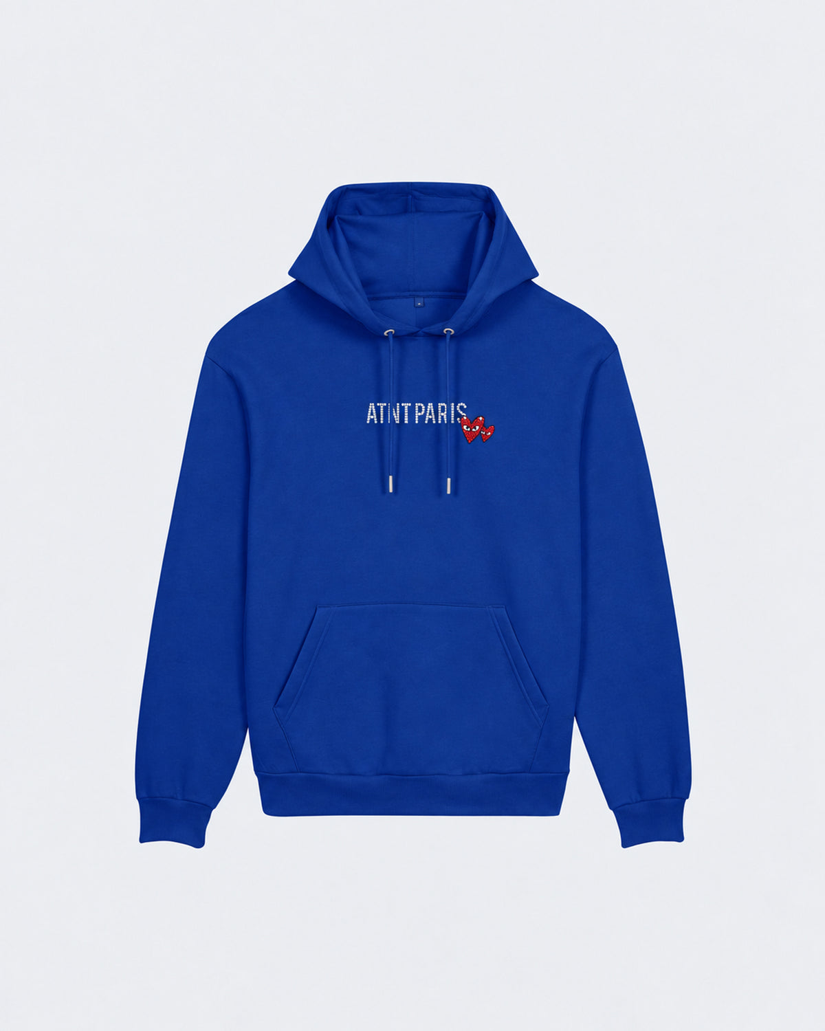 Sweat Capuche Bleu Roi Love heart Strass ATNT PARIS — Pack studio naturel — mockup à plat, vue de face — fond gris clair