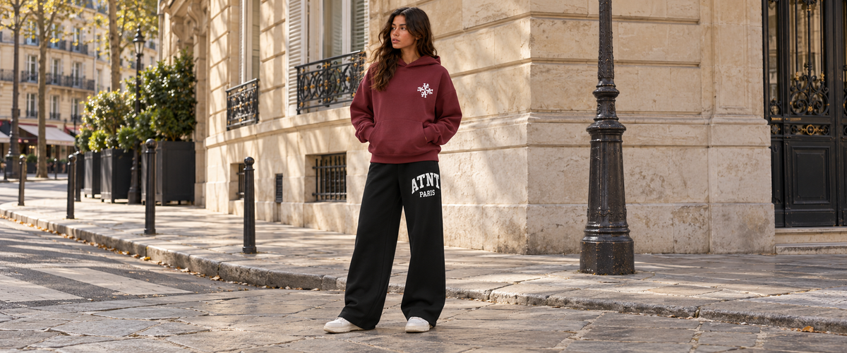 Sweat à Capuche oversize Signature Bordeaux avec jogging wide leg noir — tenue à Paris