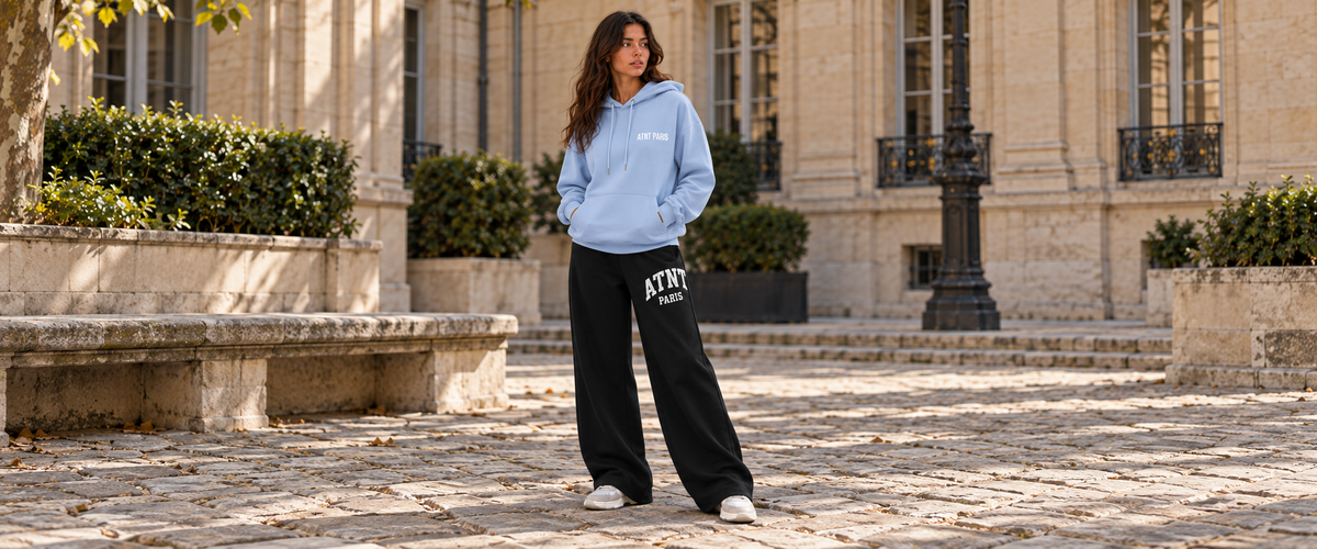 Sweat Capuche Light Blue –  Essentials porté dans une ambiance lifestyle ATNT PARIS