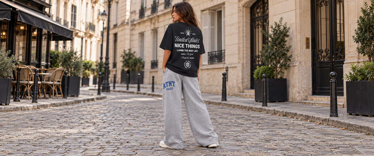 T-shirt oversize Noir Nyc Heritage avec jogging wide leg Heather Grey — tenue à Paris