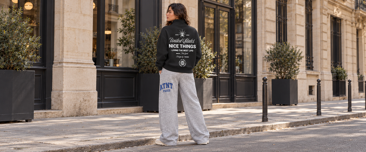 Sweat Col Trucker Noir –  Nyc Héritage porté dans une ambiance lifestyle ATNT PARIS