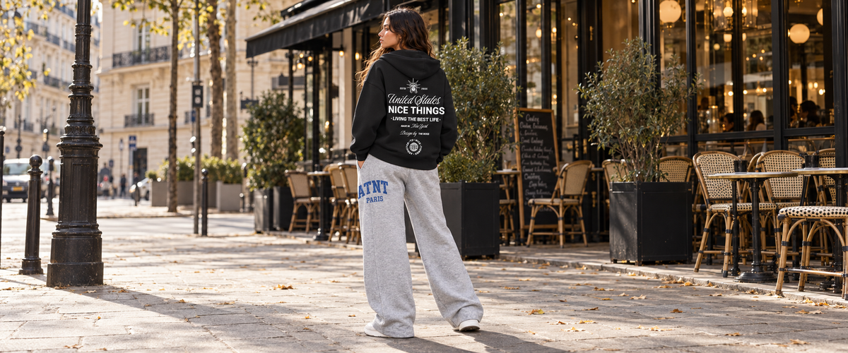 Gilet Zippé Nyc Héritage noir avec jogging wide leg Heather Grey — tenue à Paris