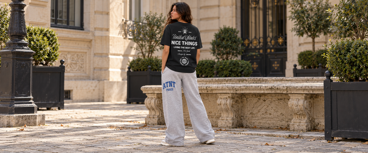 T-Shirt Noir – NYC Héritage avec jogging wide leg Heather Grey — tenue à Paris