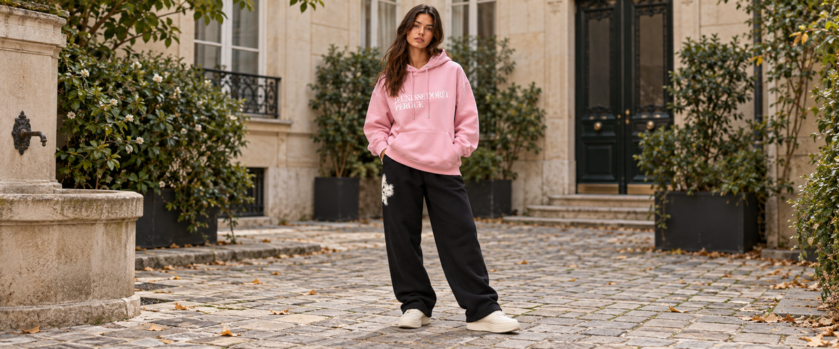 Sweat à Capuche Rose « Jeunesse Dorée Perdue » – ATNT Paris porté dans une ambiance lifestyle ATNT PARIS