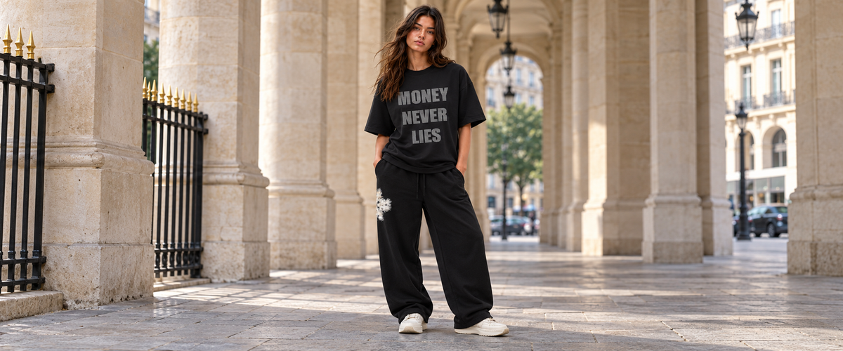 T-shirt Noir « Money Never Lies » – ATNT Paris — tenue portée à Paris