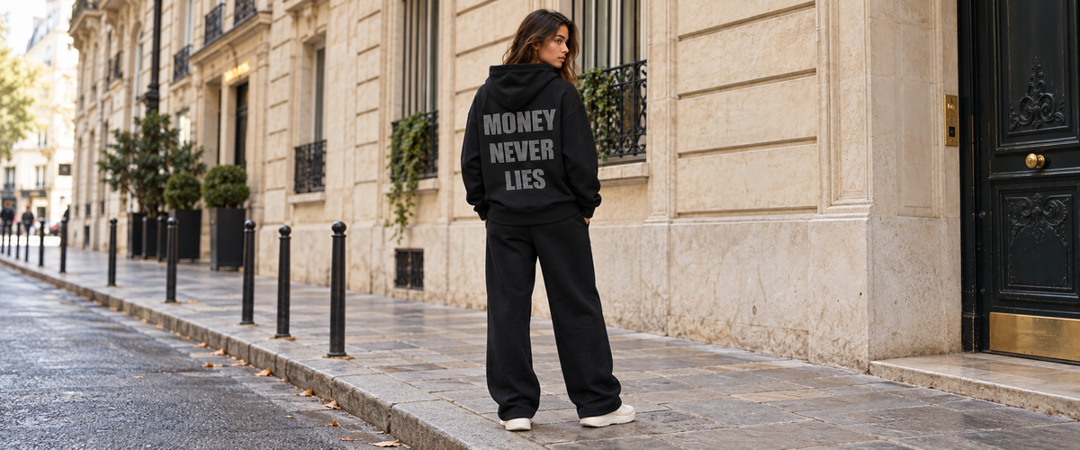 Sweat à Capuche Noir « Money Never Lies » ATNT Paris porté dans une ambiance lifestyle ATNT PARIS