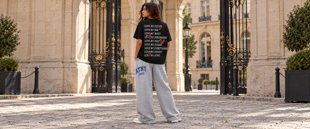 Tee shirt unisexe love heart strass avec jogging wide leg Heather Grey — tenue à Paris