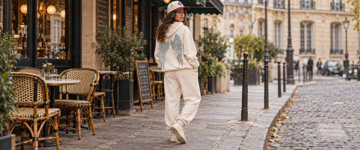 Tenue Dark Angel Strass blanc portée à Paris avec jogging ivoire et casquette bordeaux.