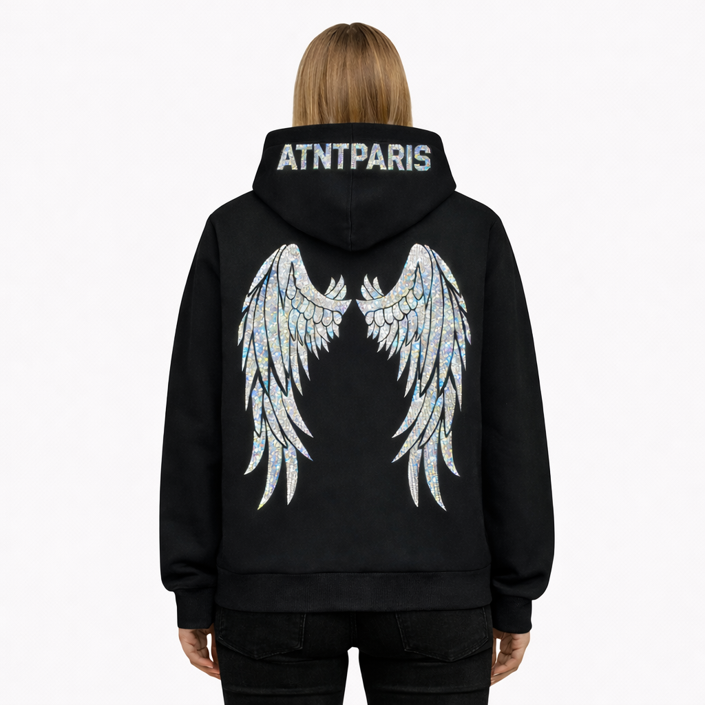 Sweat à capuche noir ATNT Paris, vue de dos à plat, ailes imprimées en strass brillants et logo ATNT Paris en strass sur la capuche, finition premium