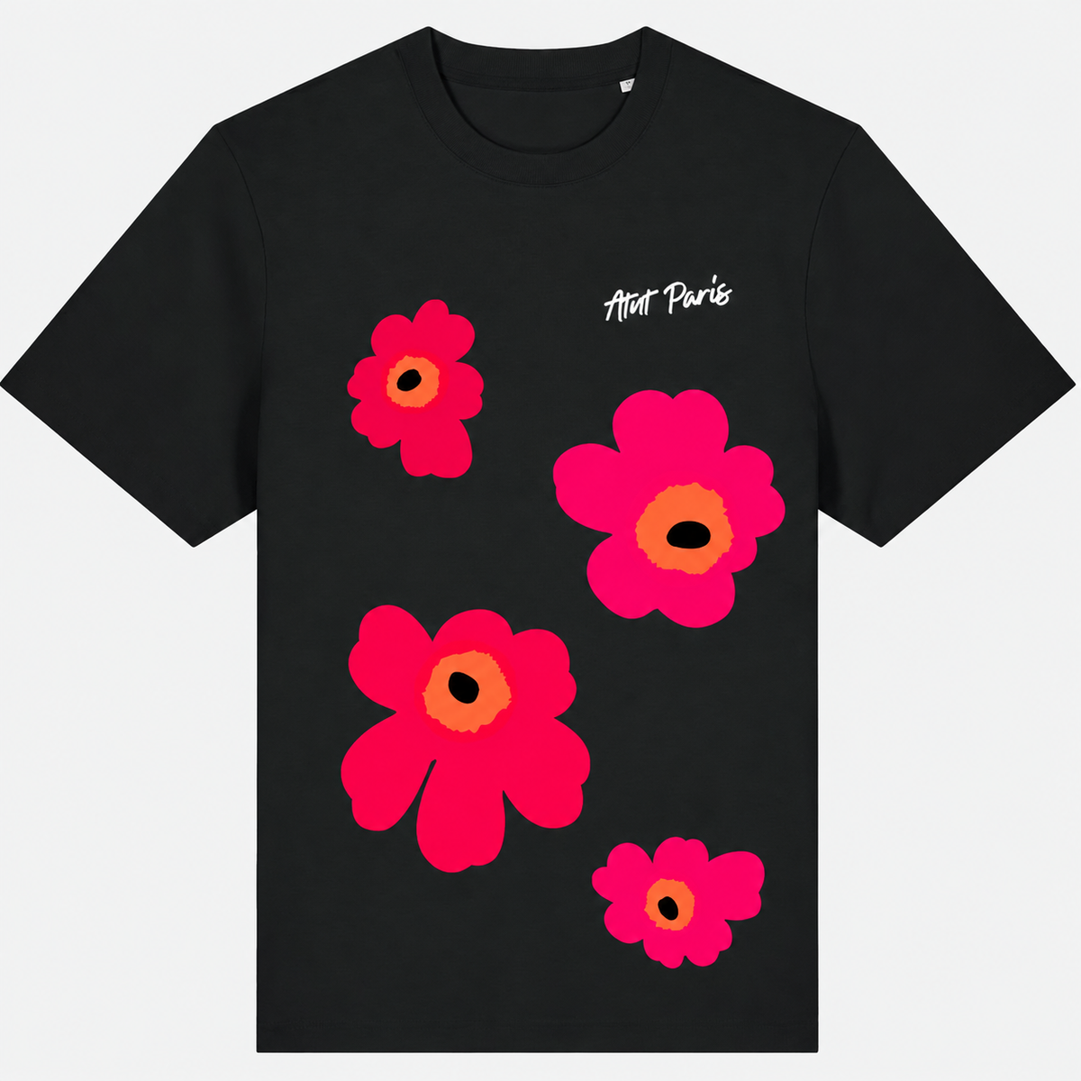 T-shirt Red Flower noir ATNT PARIS, vue de face à plat sur fond gris clair