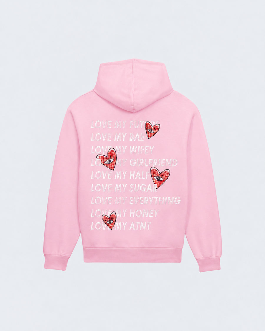 Sweat Capuche Rose Clair Love heart Strass