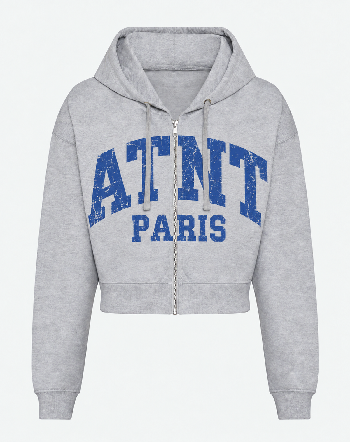Sweat crop zippé femme Heather Grey ATNT PARIS, grand logo used bleu sur toute la poitrine