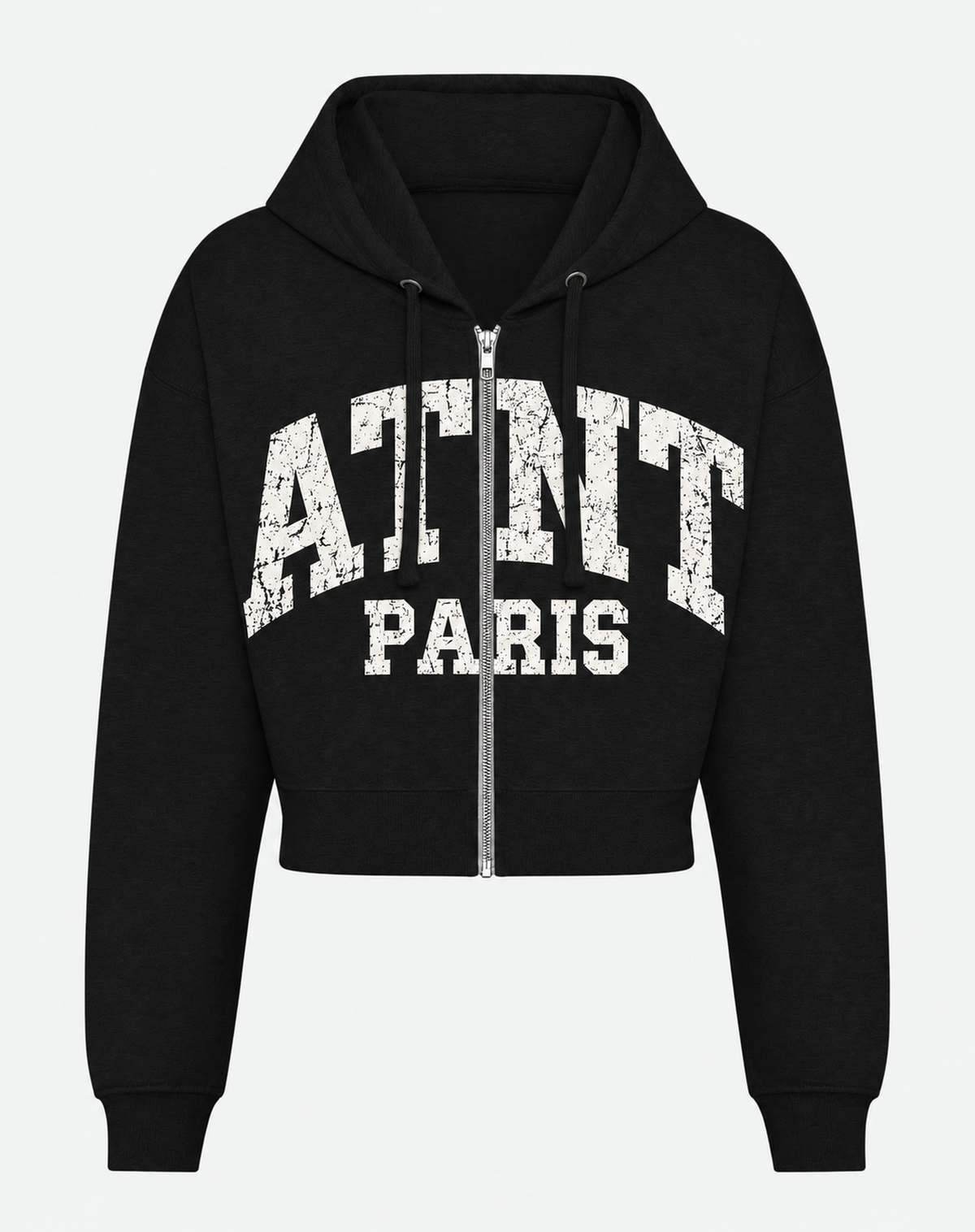 Sweat crop zippé femme noir ATNT PARIS, grand logo used blanc sur toute la poitrine