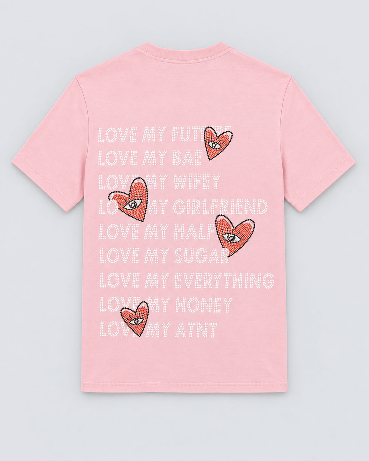 T-shirt Love Heart Strass rose clair ATNT PARIS — à plat, dos — studio gris clair