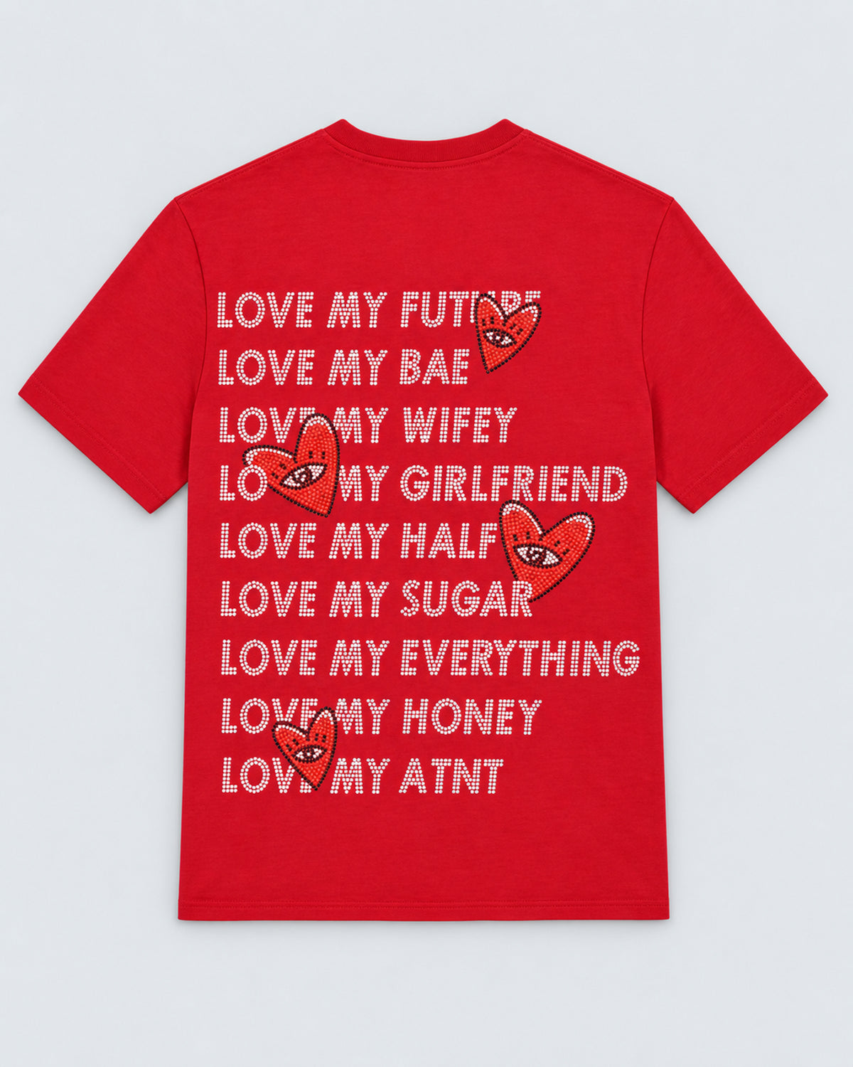 T-shirt Love Heart Strass rouge ATNT PARIS — à plat, dos — studio gris clair