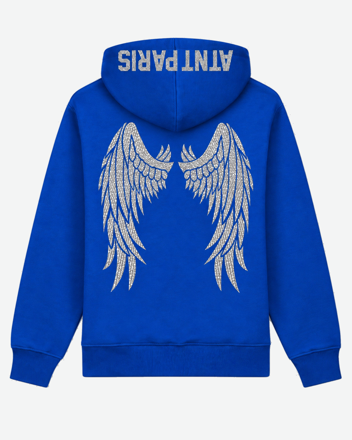 Sweat à Capuche Bleu Roi Dark Angel Strass – ATNT Paris — vue de dos, fond gris clair #F3F4F4